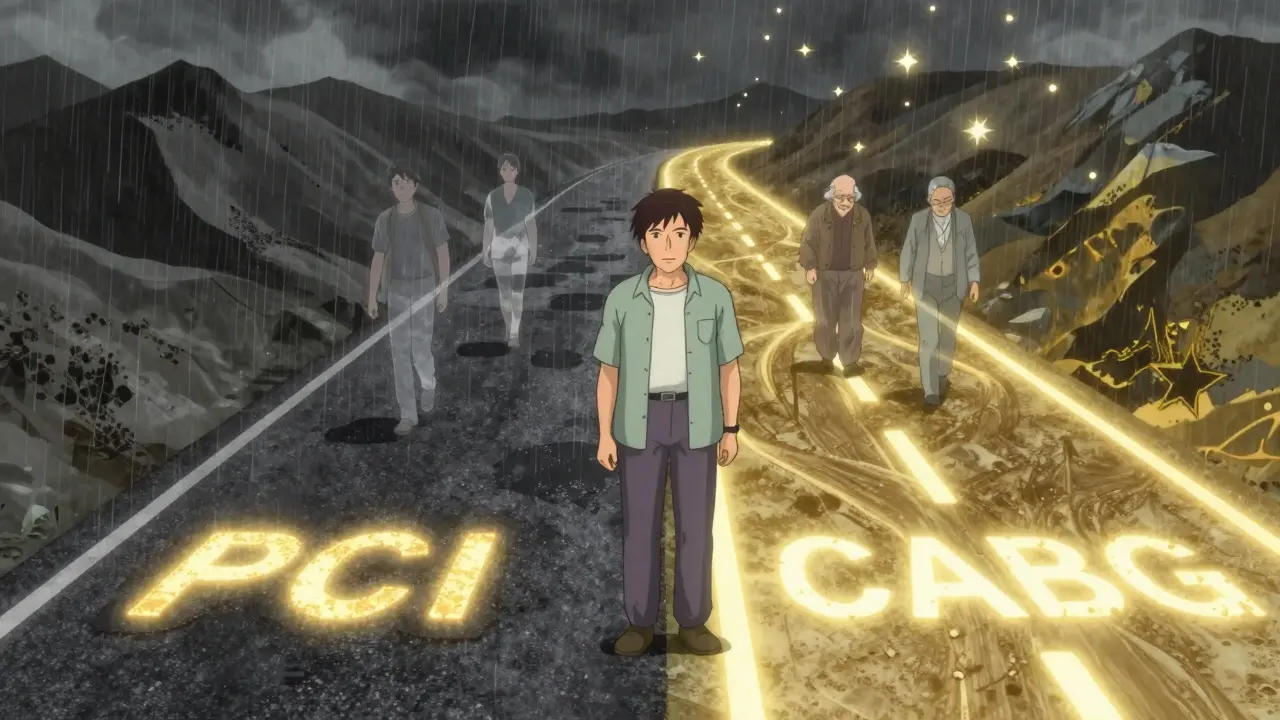 A patient stands between two paths: one temporary and flickering, the other a permanent glowing highway through the heart.