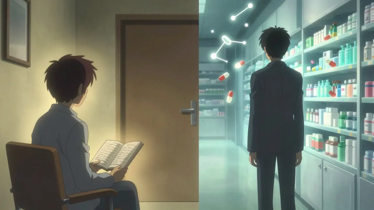 A person faces a therapist on one side while glowing antidepressant pills float beside them, symbolizing dual treatment paths.