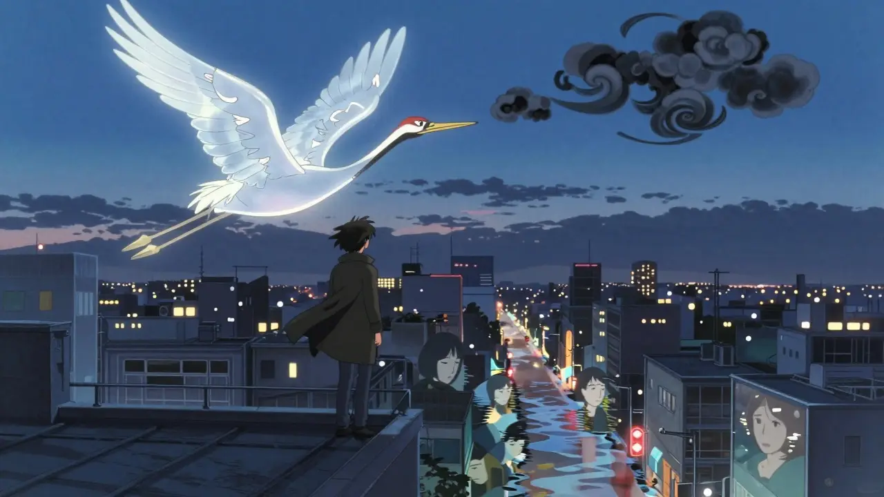 A person stands on a rooftop as a paper crane made of light carries away dark clouds, representing healing and hope.