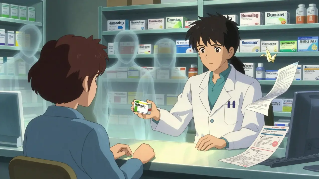 A pharmacist hands a patient a biosimilar medication while brand-name drugs fade into shadows behind them.