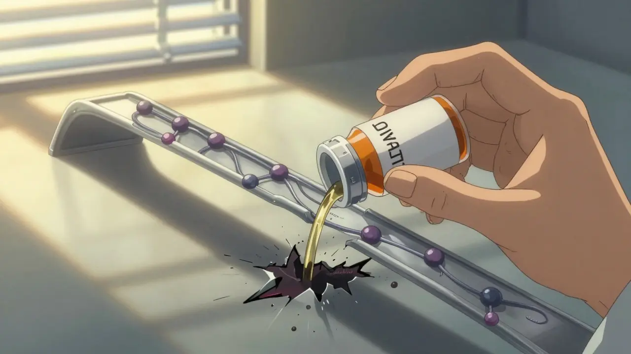 A prescription bottle transforming into a metabolic bridge, with glucose flowing safely over broken pathways.