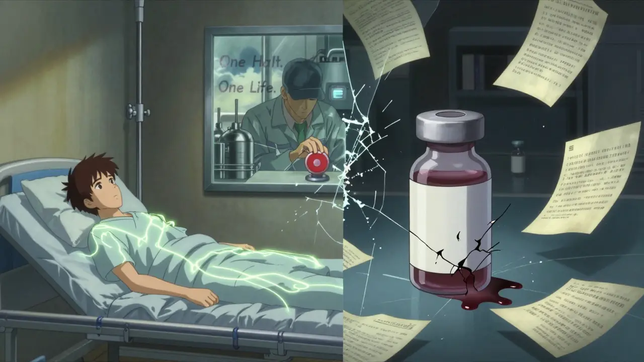 A split scene showing a patient receiving medicine and a defective vial, with a worker pressing the stop button between them.