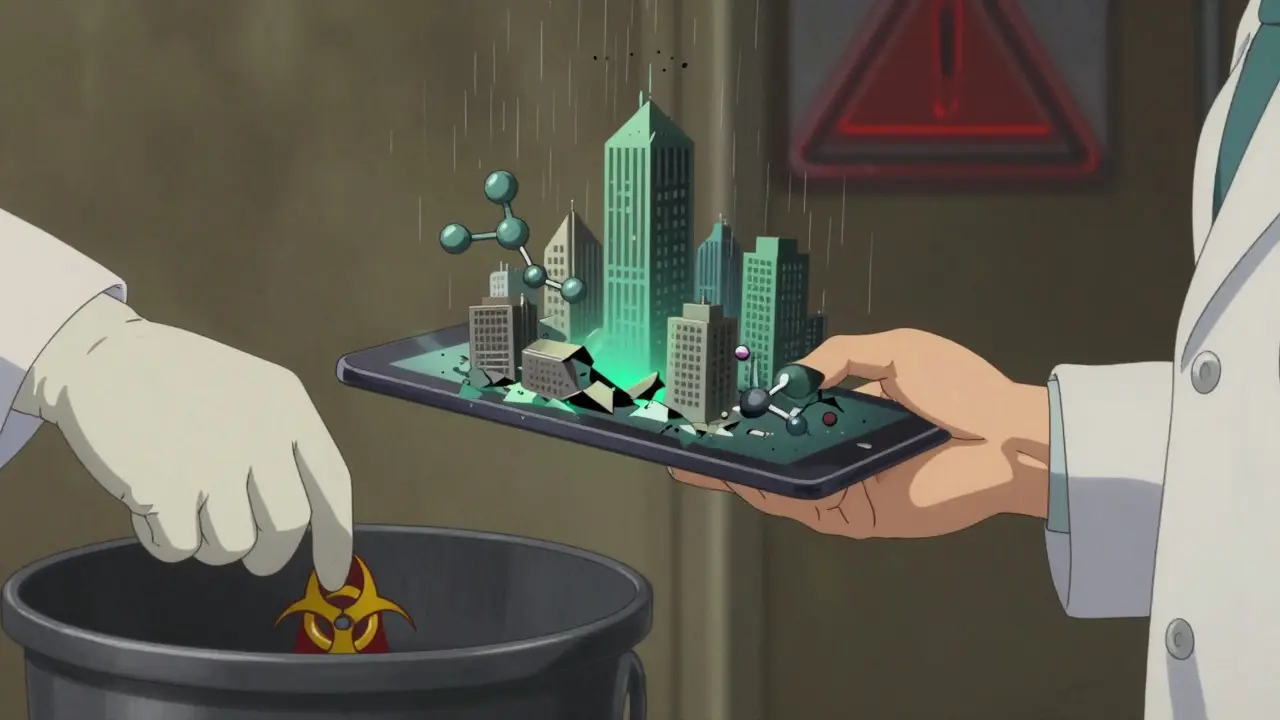 A tablet transforming into a crumbling city as it’s placed into a biohazard bin.