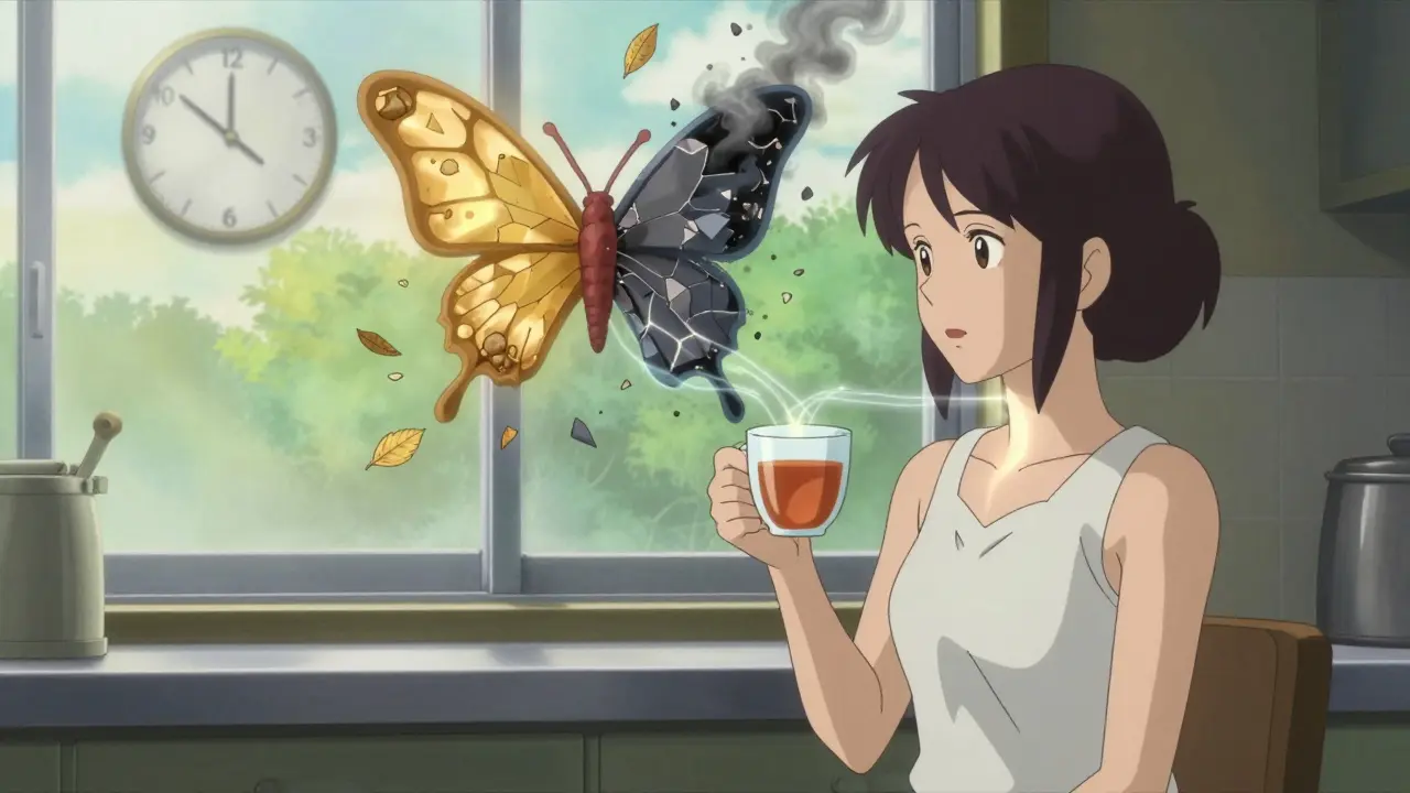 A woman holding tea as a fractured thyroid gland above her dissolves into light and smoke, symbolizing recovery and loss.