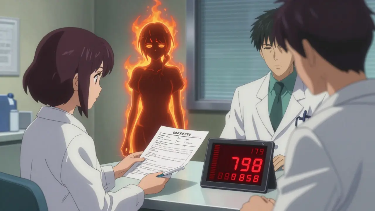 A woman in a doctor’s office, her shadow split into two states, with blood test results glowing on a tablet.
