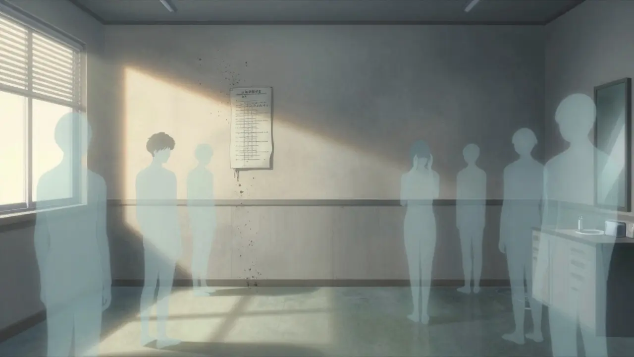 An empty psychiatric office at dawn, a tapering chart disintegrating into ash while ghostly withdrawal figures fade in and out.