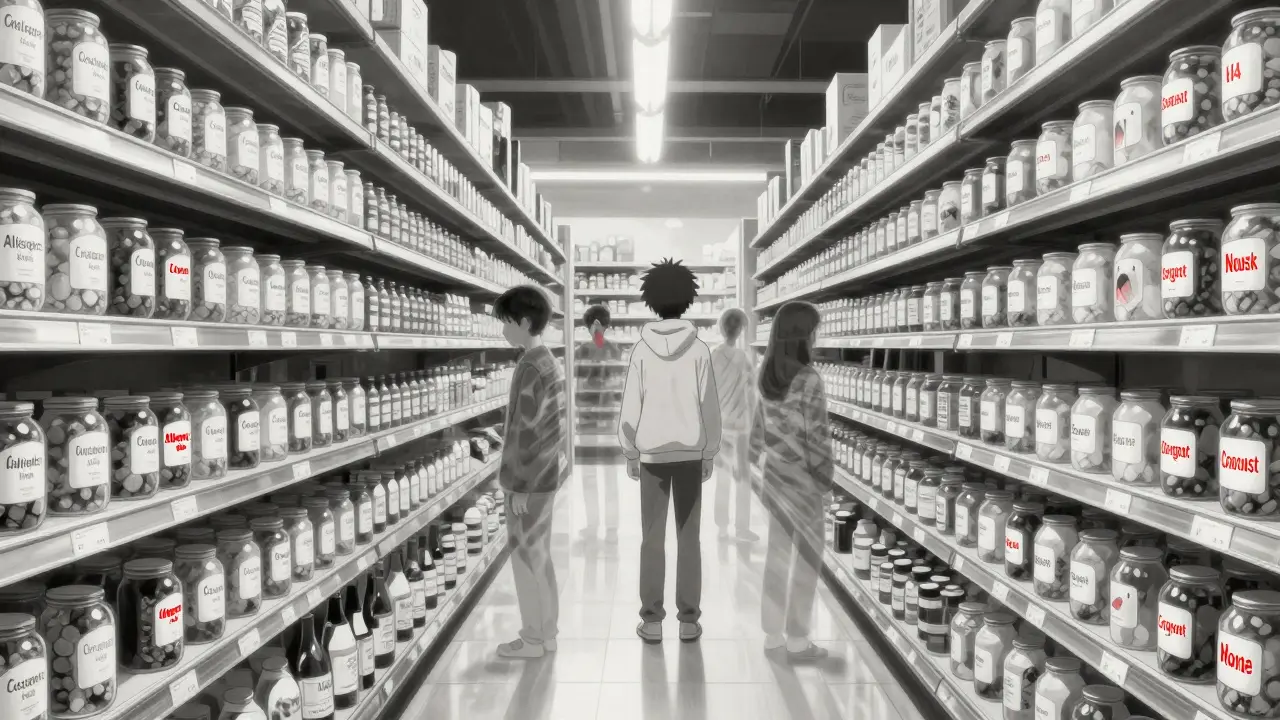 An endless supermarket aisle where some labels clearly identify allergens, others are fading, and one product boldly says 'Coconut' while ghostly figures of allergic reactions loom behind.