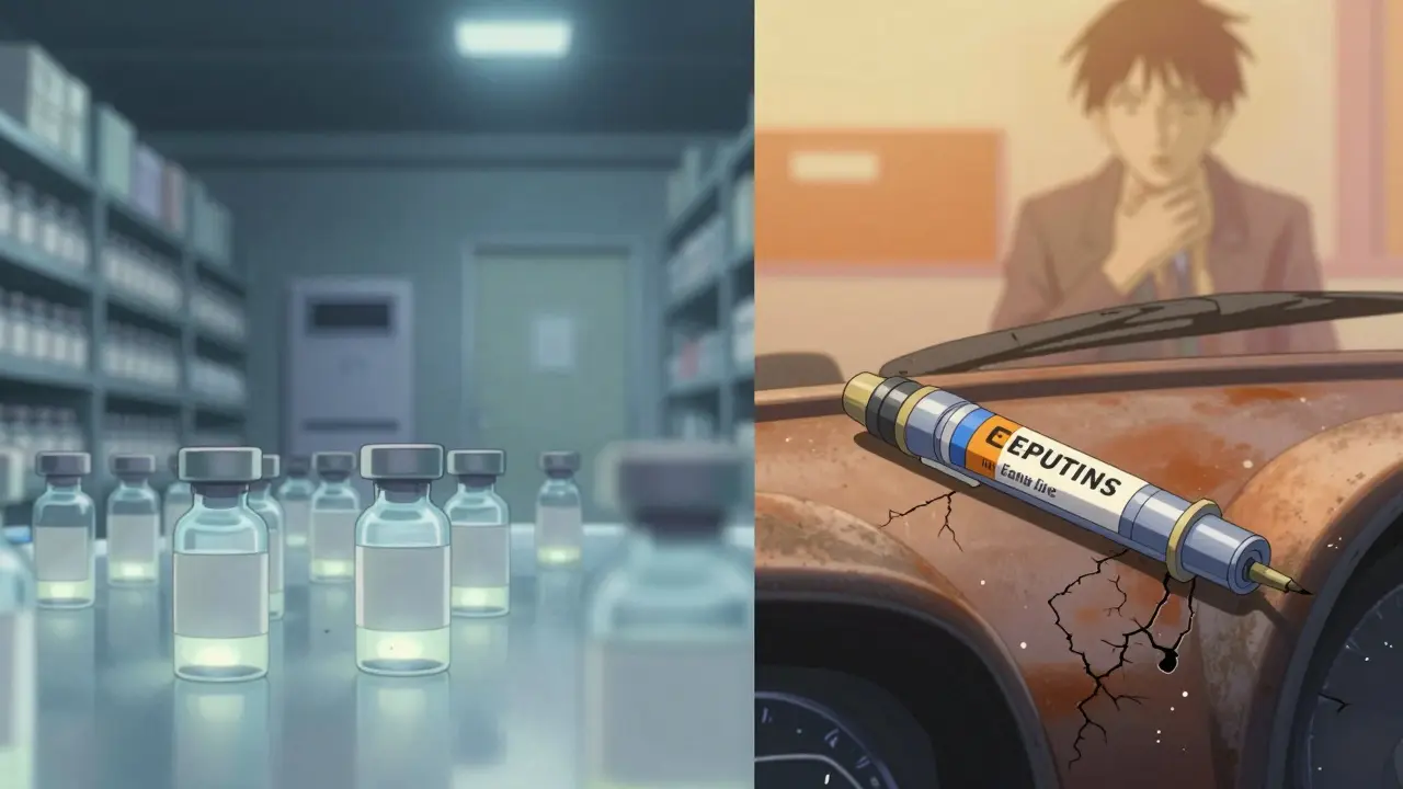 Climate-controlled warehouse on one side, melting EpiPen in a hot car on the other.