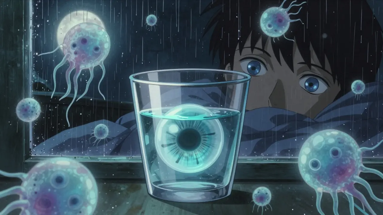 Contact lens floating in tap water with ghostly amoebas swirling around it, dim bedroom in background.