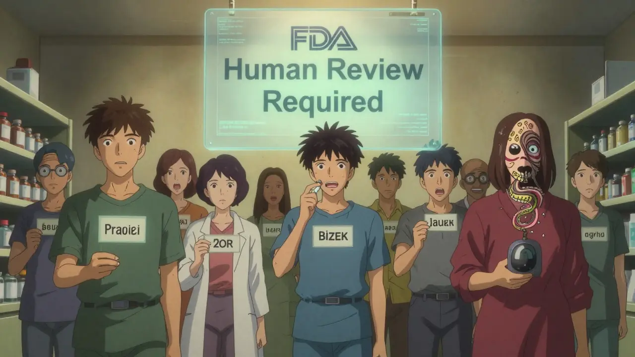 Diverse patients hold mistranslated labels that turn into surreal hallucinations, while a 'Human Review Required' sign glows above them.