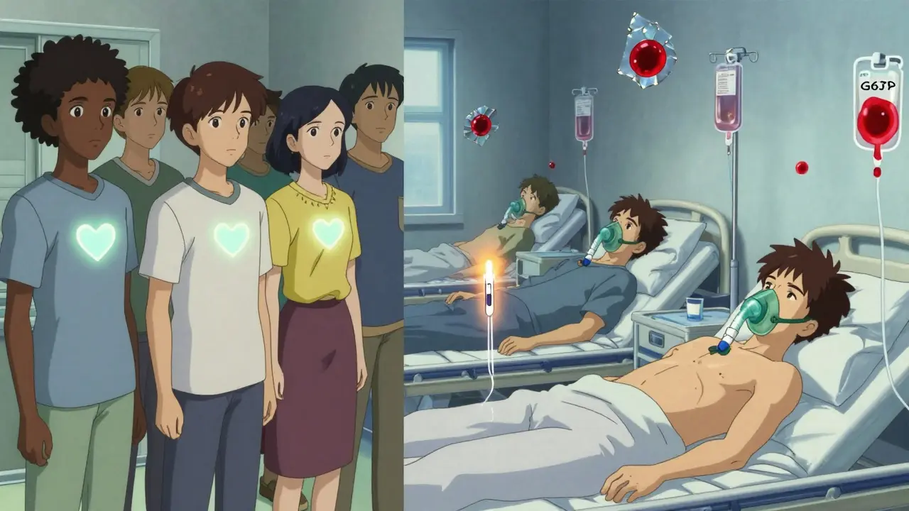 Diverse people in a clinic with glowing G6PD icons, contrasted with others collapsing in hospital beds.