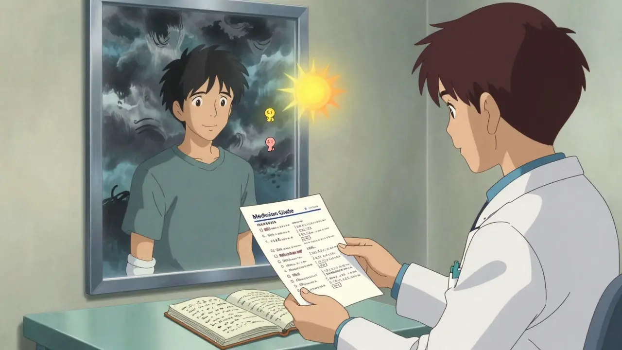 Doctor handing medication guide that becomes a mirror reflecting fear vs. understanding inside patient.