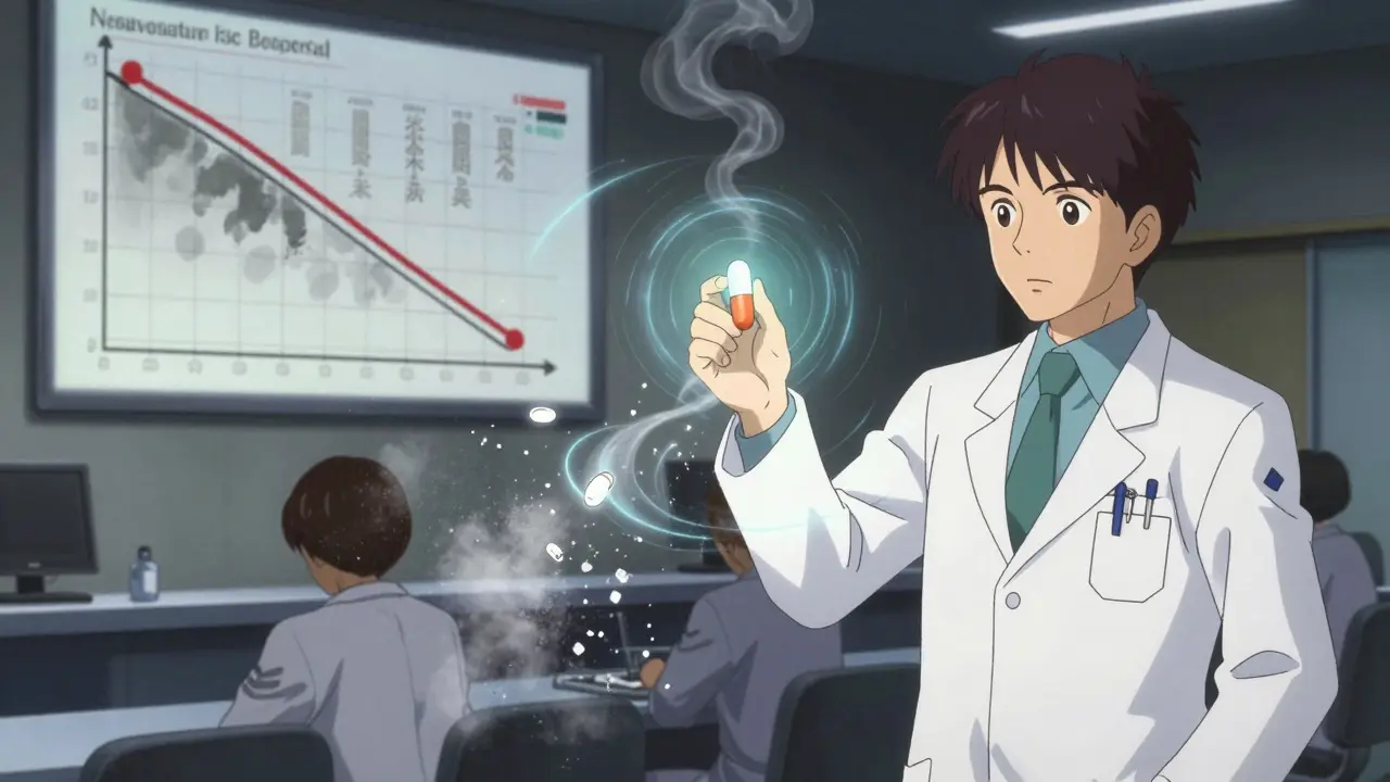 Doctors dissolving into data streams as pitavastatin glows calmly amid crumbling rival statins.