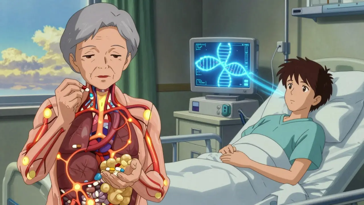 Elderly woman taking multiple pills, body shown as interconnected glowing organs with DNA helix lifeline.