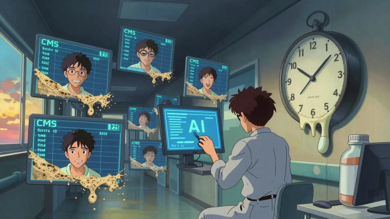 Floating CMS ratings crumbling into patient faces, AI alert triggering as clock melts into pills.