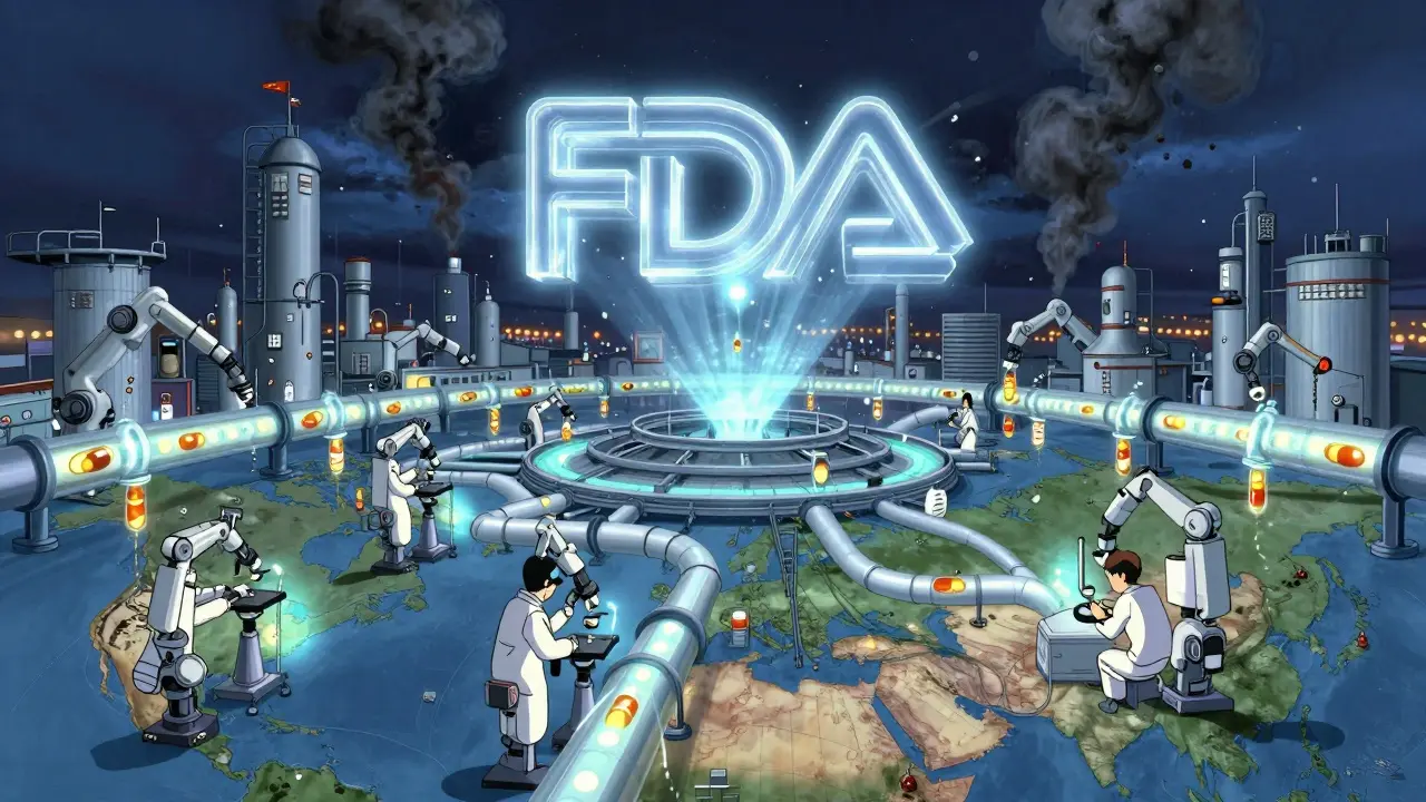 Global generic drug factory with glowing pipelines and a giant FDA logo filtering impurities.
