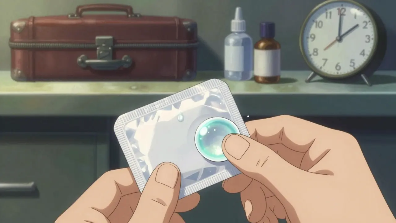 Hand opening a fresh daily disposable lens packet, morning light illuminating sterility, cluttered counter fading behind.