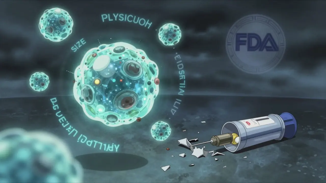 Nanoparticle injection with glowing metrics surrounding it, while a broken injector lies in ruins.