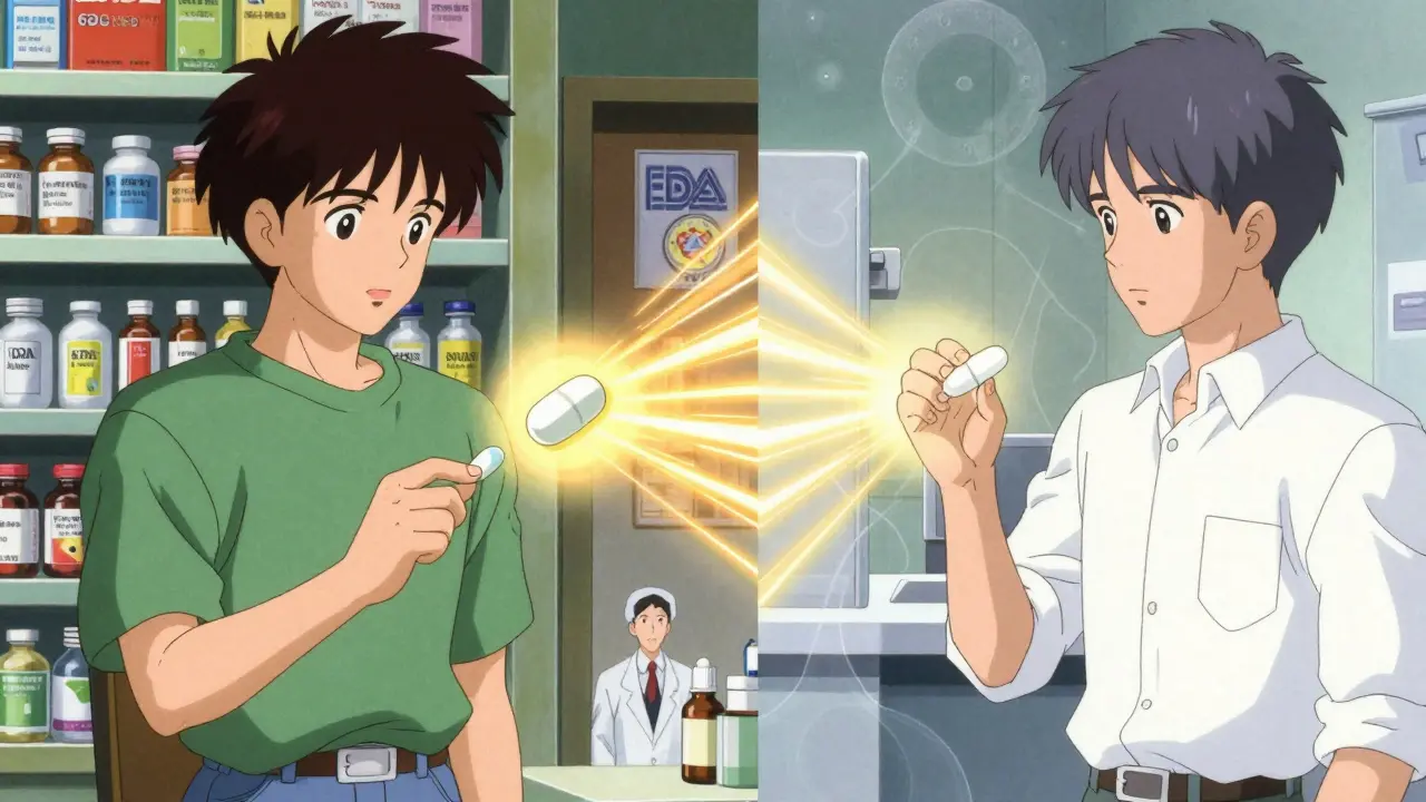 Patient receiving branded and generic pills in split scene, both emitting identical therapeutic energy.