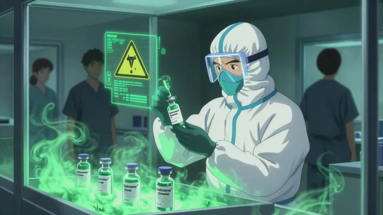 Pharmacist in hazmat suit preparing hazardous cancer drugs, holographic warnings glowing in mist.