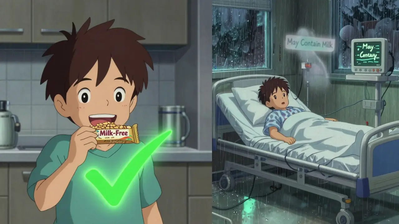 Split scene: a child safely eating a milk-free snack on one side, the same child in a hospital on the other, with a ghostly 'may contain milk' label.