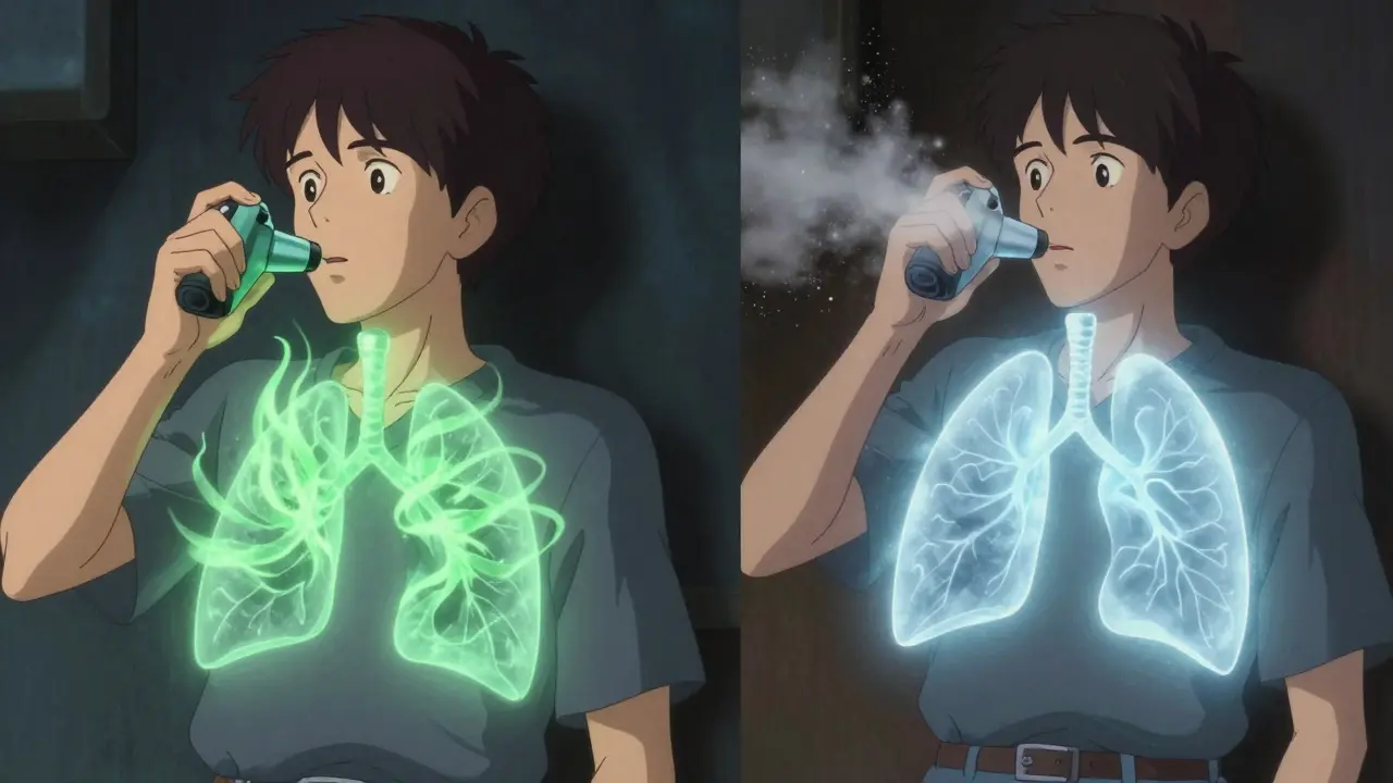 Split scene: one inhaler delivers medicine to lungs, the other releases powder uselessly into air.