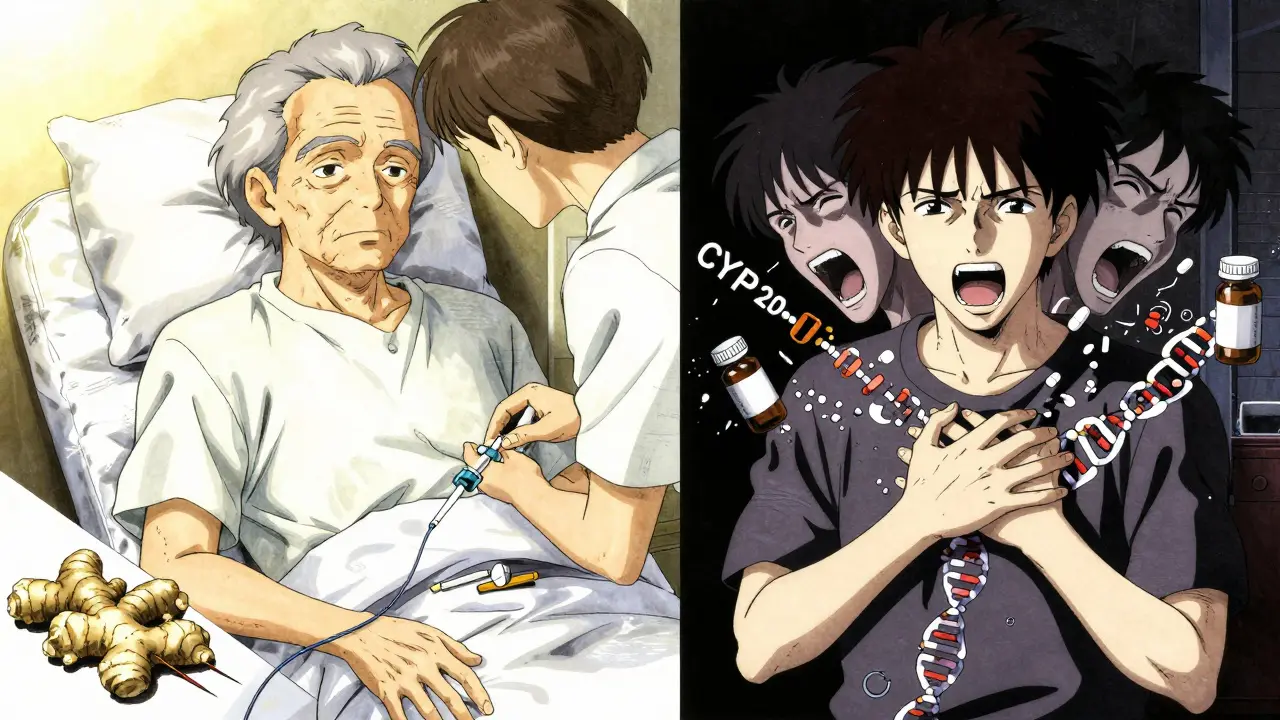 Split scene: peaceful dexamethasone treatment vs. chaotic serotonin overload, with genetic and pill imagery in glitchy anime style.