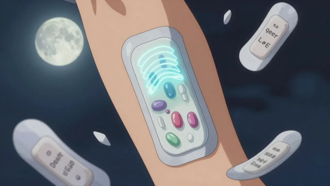 Transdermal patch slowly releasing medication through skin layers with failing patches floating nearby.