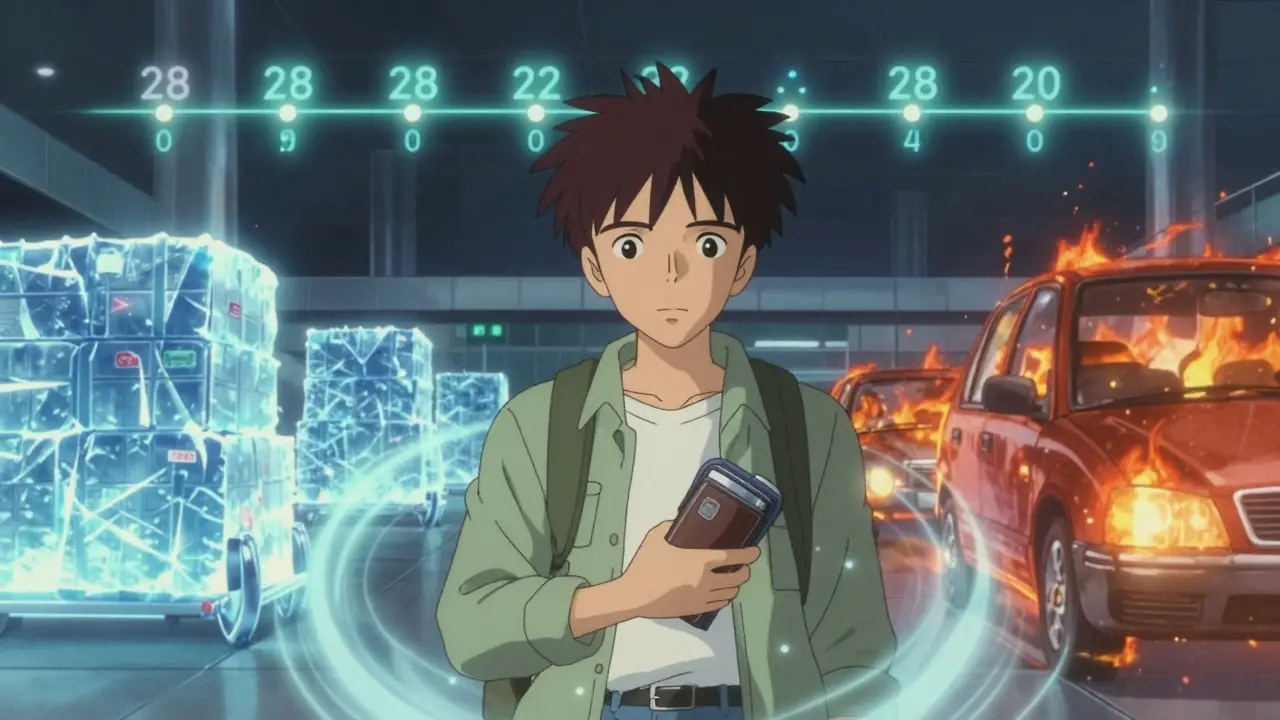 Traveler holding an insulated insulin case in an airport, surrounded by thermal ghost images.