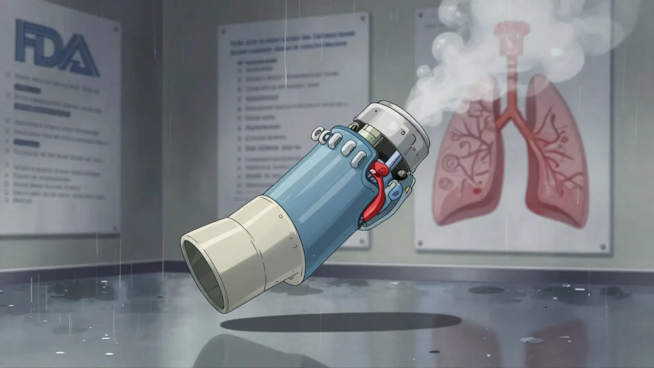 A broken inhaler valve casts a shadow over patient lungs, surrounded by fading FDA guidelines.
