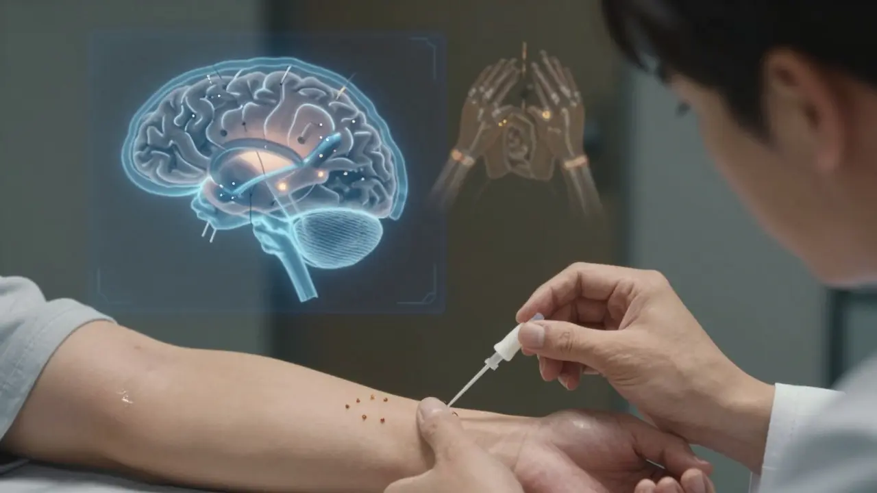 A close-up of an acupuncture needle insertion with floating brain scans showing pain center activity reduction.