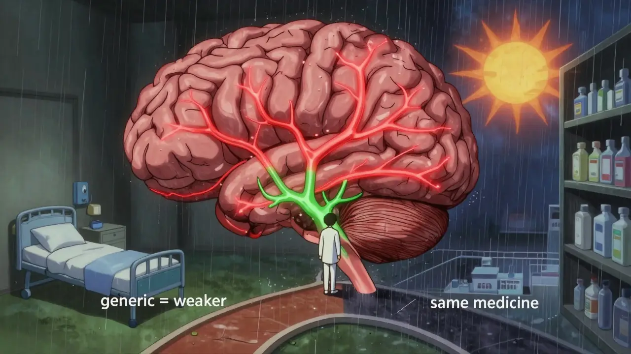 A cross-section of a brain showing neural pathways influenced by positive and negative beliefs about generic drugs.