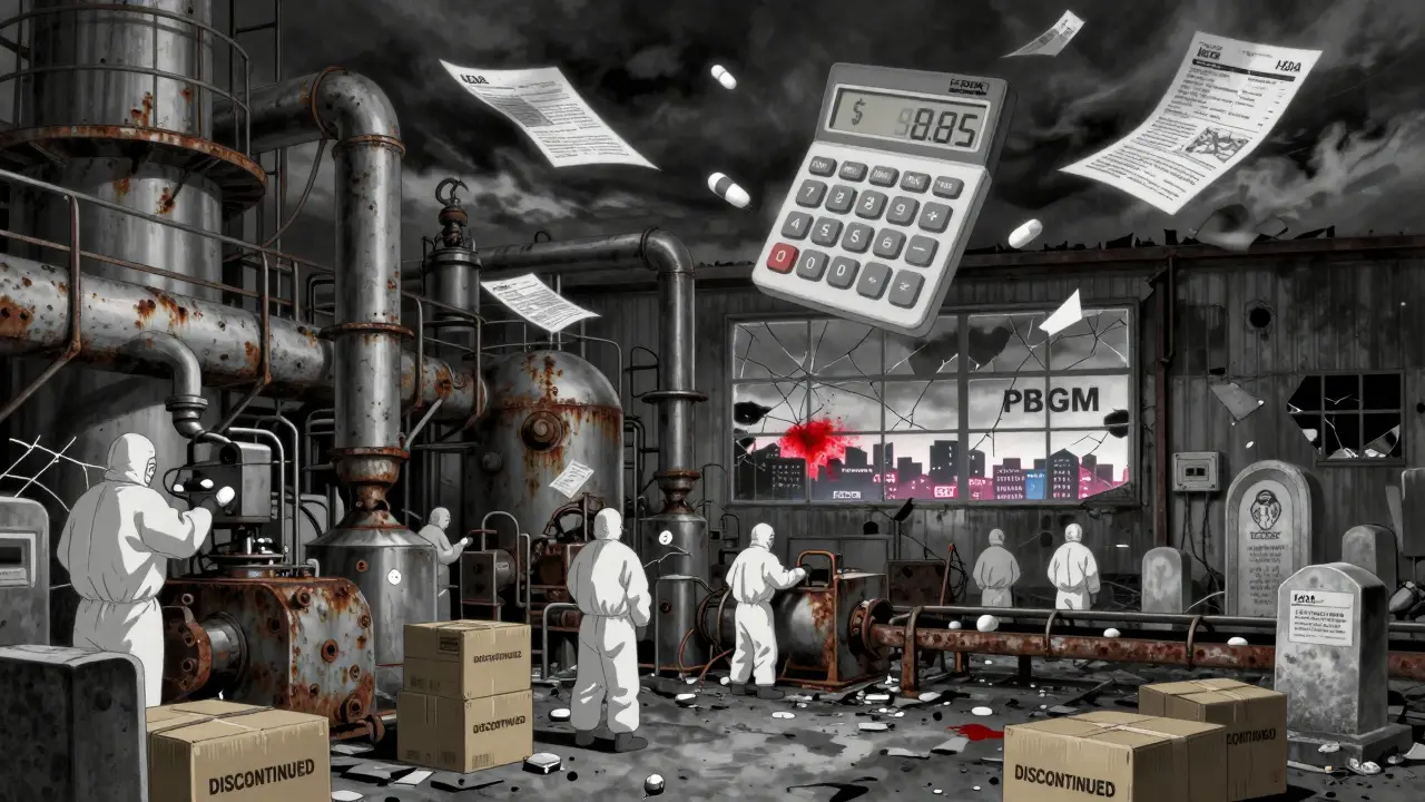 A dismantled generic drug factory at night, workers leaving behind discontinued boxes as ghostly cost calculations drift in the air.