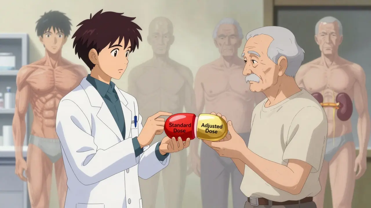 A doctor and pharmacist holding split versions of a pill, contrasting standard vs. adjusted dosing for seniors.