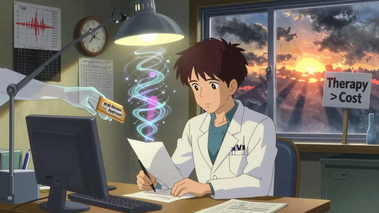 A doctor writes an appeal letter under a lamp as medical data swirls around them, with a hand offering an 'External Review Approved' folder through a wall, sunrise breaking outside.