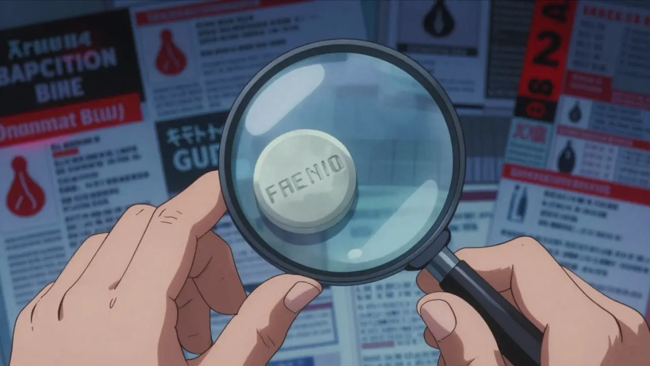 A person examining a pill under magnification, blurred imprint vs. sharp real version in reflection.