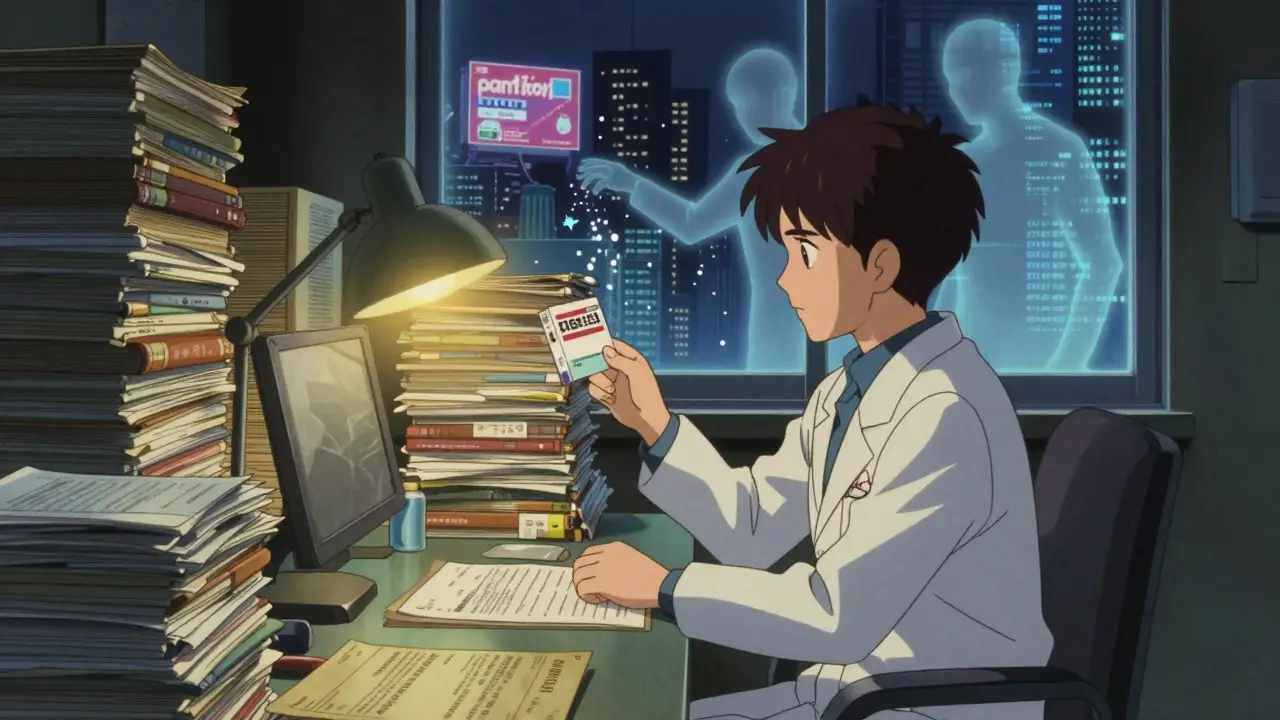 A scientist stares at an approved generic drug as ghostly patients reach out in a glowing city.