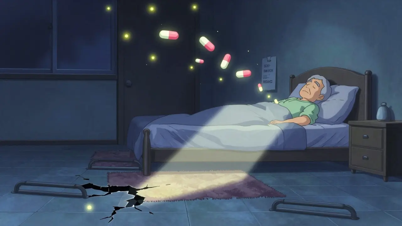 A sleeping elderly person is watched over by glowing non-sedating antihistamine pills, as a chaotic home transforms into a safe space.