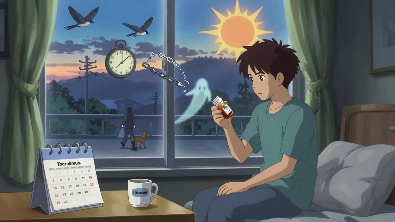 A transplant patient at dawn holding pills, surrounded by symbolic floating imagery of time and recovery.