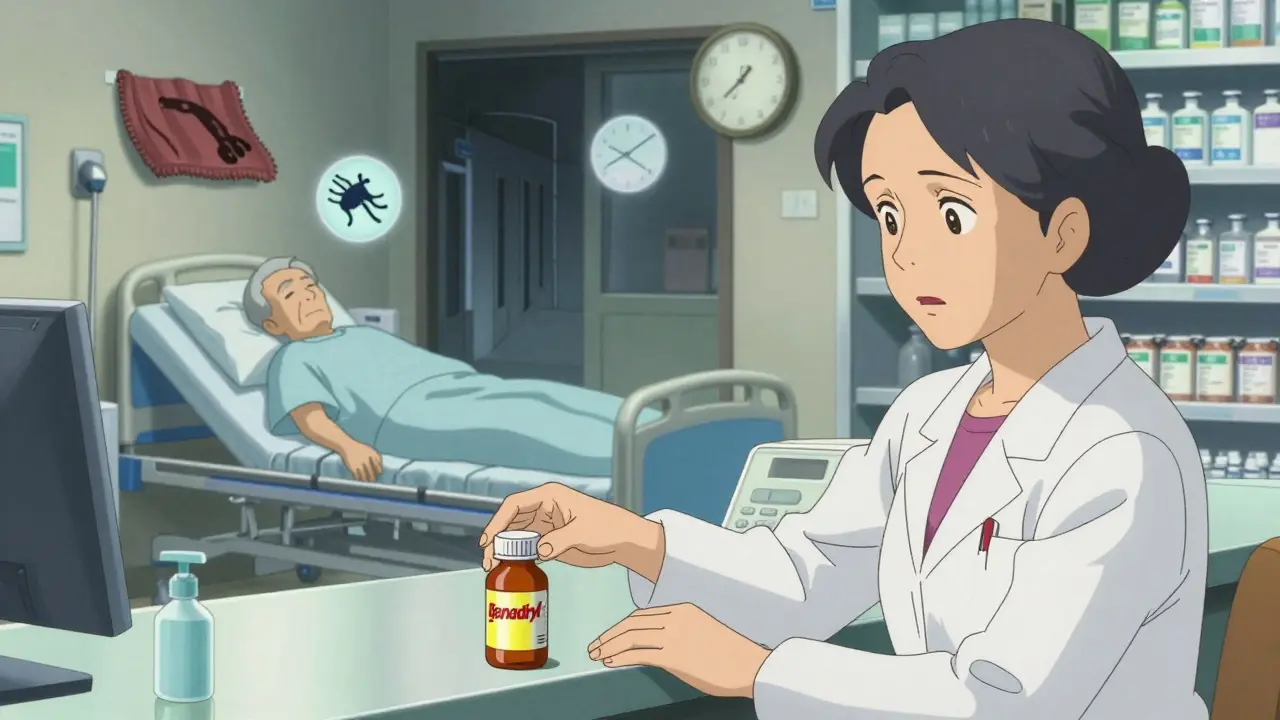 An older woman picks up Benadryl at a pharmacy, while ghostly images of falls and hazards hover beside her.