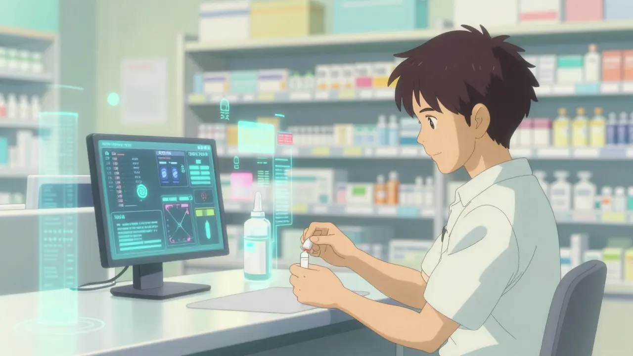 Patient receiving medication with abstract AI health data streams