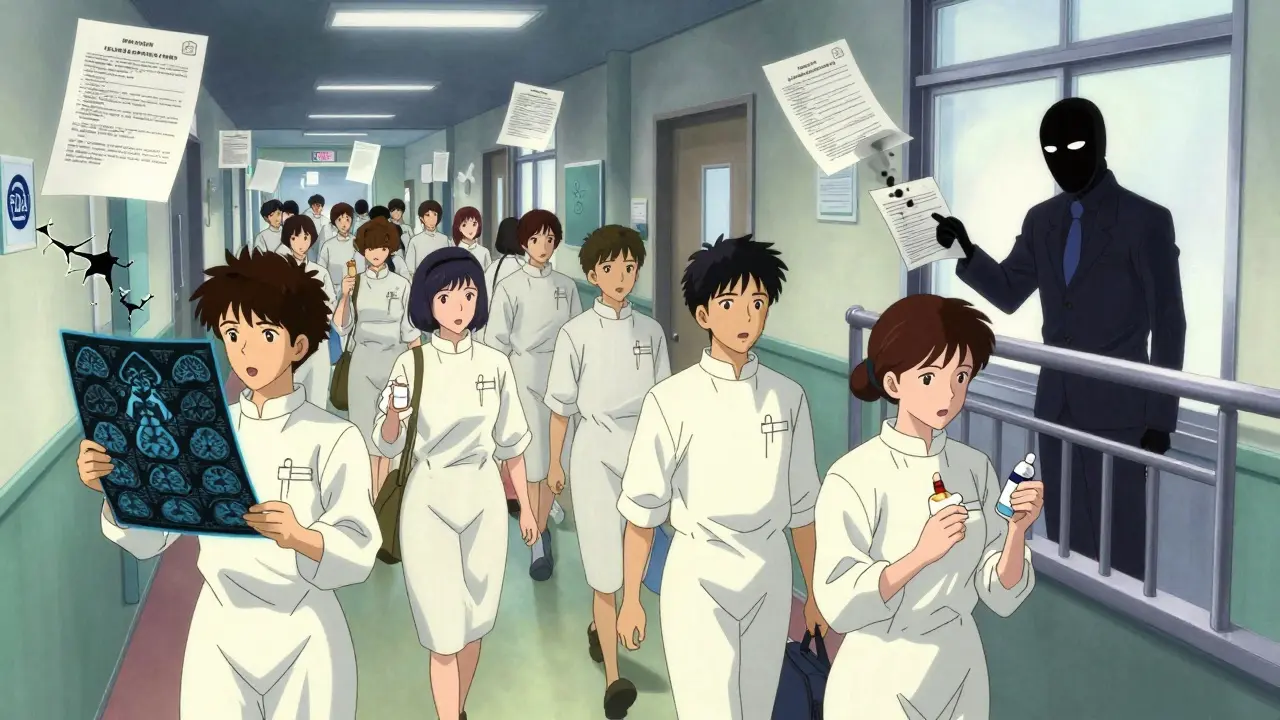 Patients walk in a endless line in a hospital hallway while a faceless insurance bureaucrat stamps denials, with an MRI scan glowing with abnormal brain activity in one patient's hand.