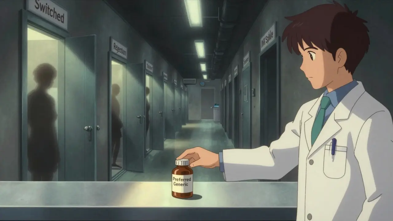 Pharmacist hesitates before a hallway of doors representing risks of switching NTI drugs.