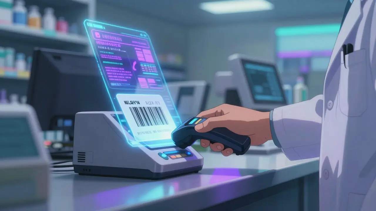 Pharmacist scanning prescription with holographic drug data display