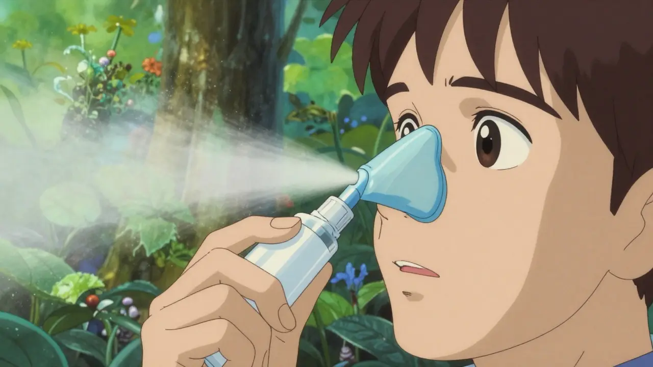 Saline rinse cleansing congested nasal passages in serene environment