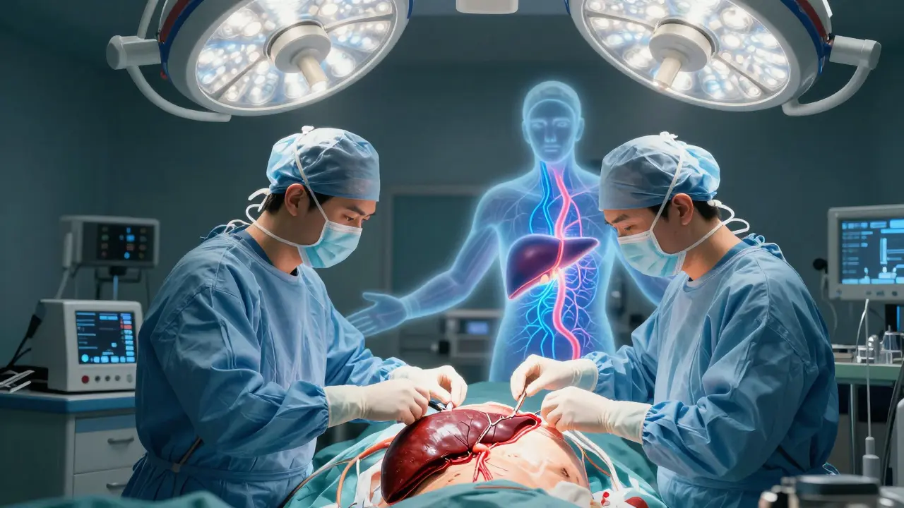 Surgeons performing a liver transplant with a glowing donor liver being sutured into place.