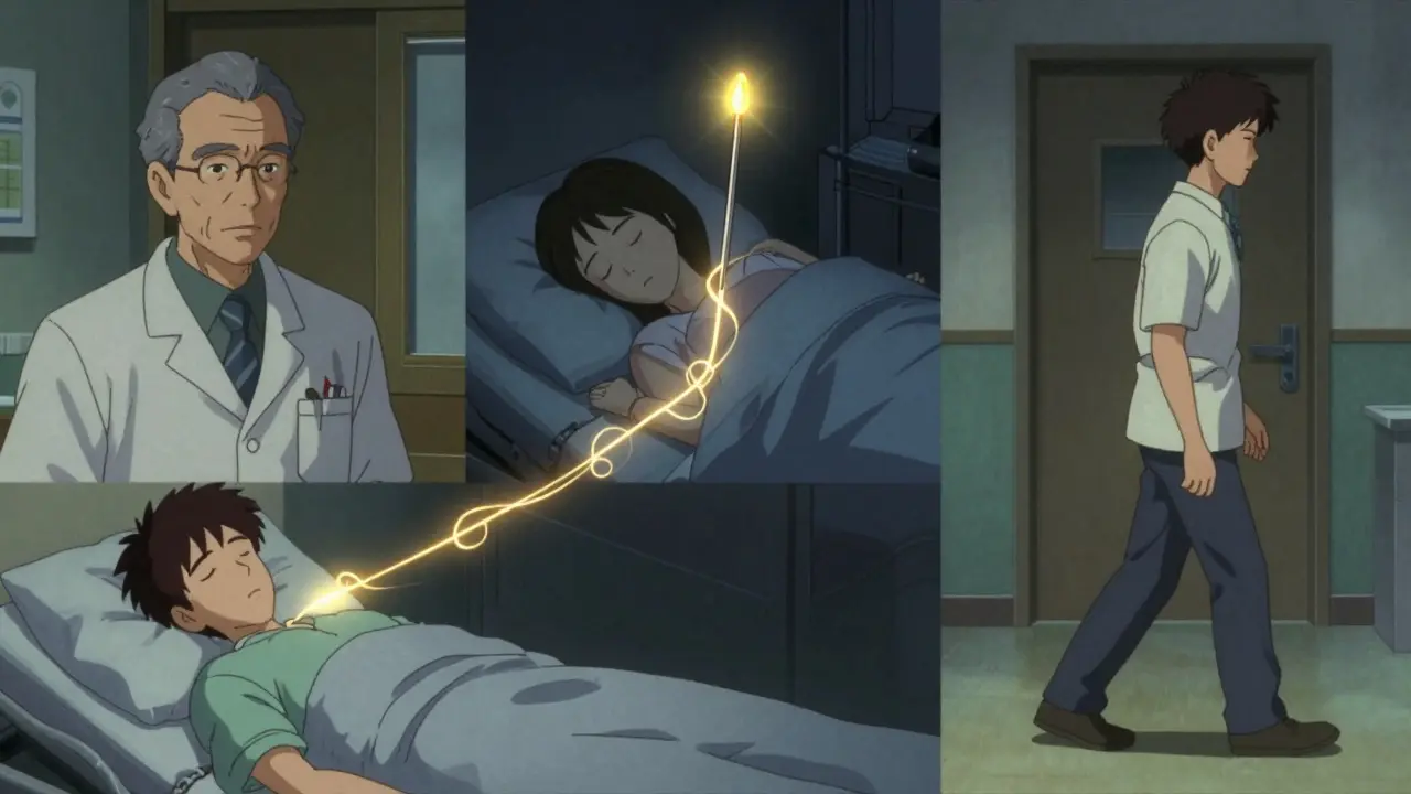 Three patients connected by golden energy threads to a central acupuncture needle, symbolizing holistic pain relief.