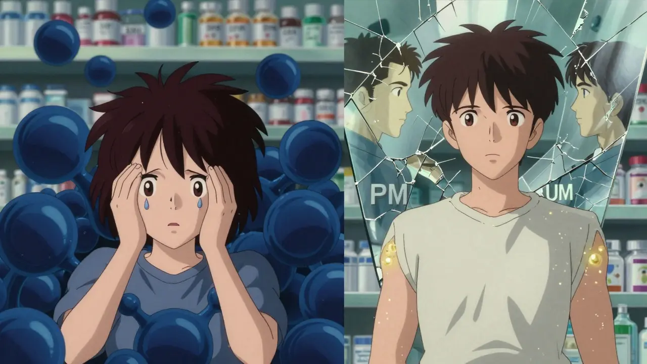 Two versions of the same person show contrasting side effects from the same antidepressant dose due to genetic differences.