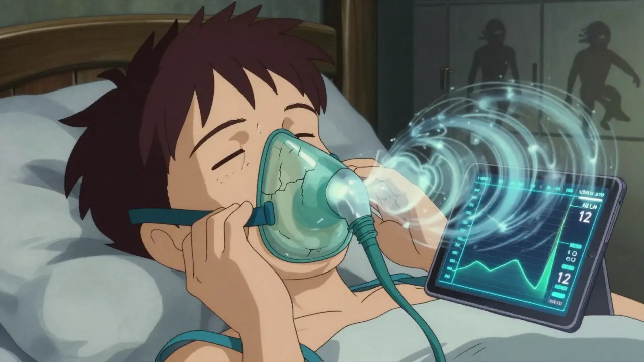 A cracked CPAP mask leaks air in swirling vortices, with glowing data graphs above showing high leak rate and apnea index in a dimly lit room.