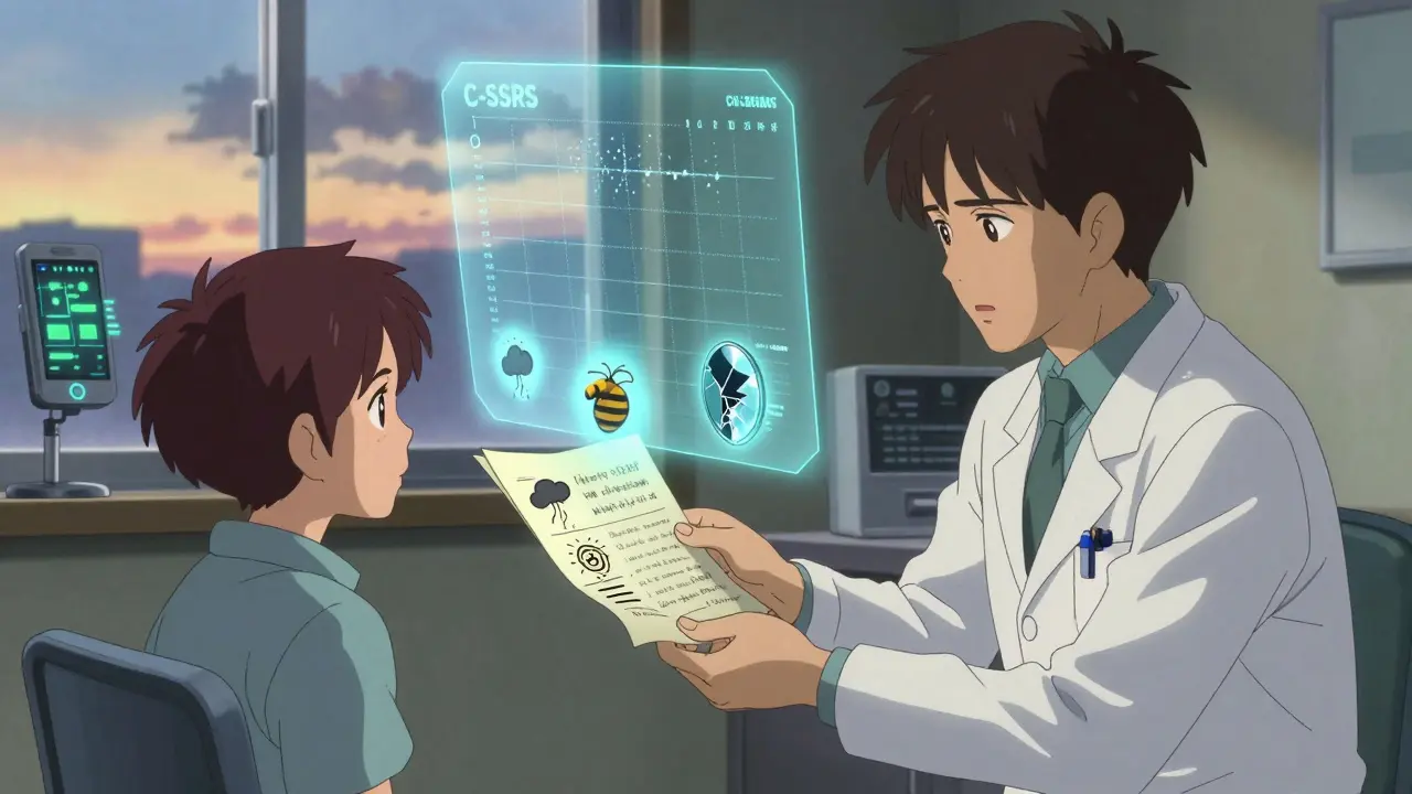 A doctor and patient in a dawn-lit office, with floating logs and holographic health monitors showing emerging risk signs.